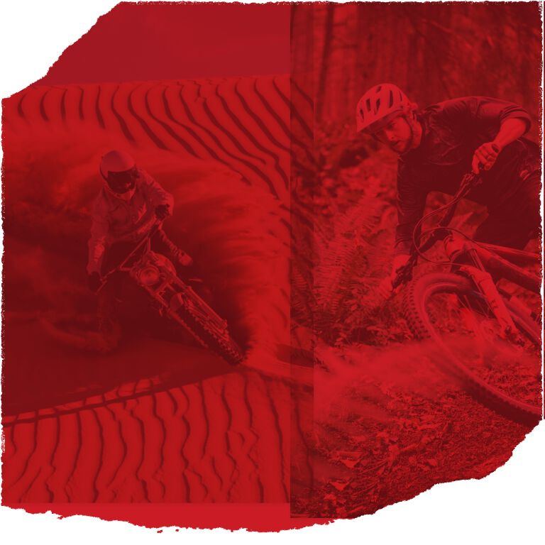 dirt bike and mountain bike riders with a red treatment