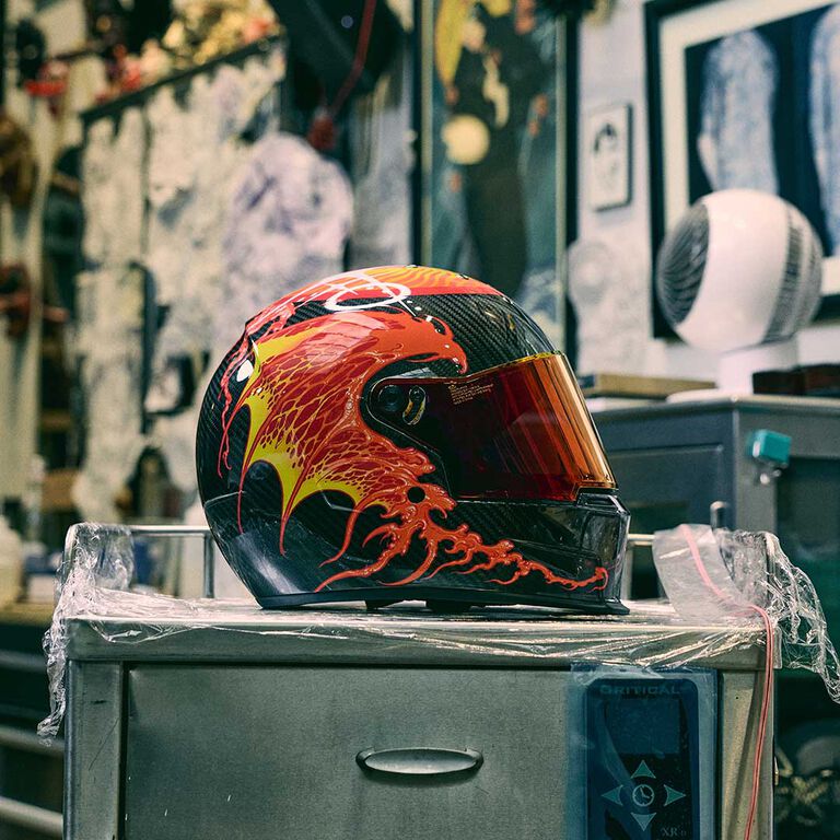 grime helmet on a cabinet