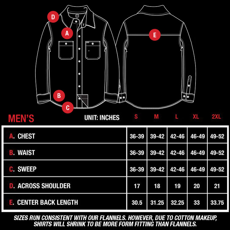Dixxon Men's Work Shirt Size Chart