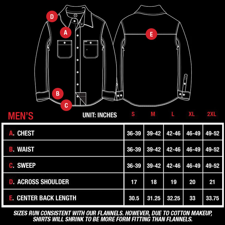 Dixxon Men's Work Shirt Size Chart